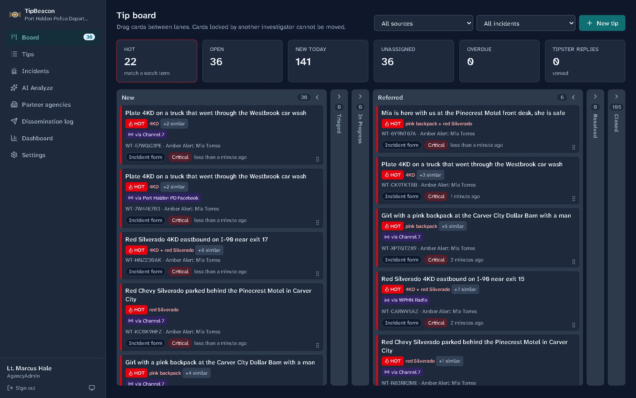 The TipBeacon board during an Amber Alert: tips that mention the suspect's plate, truck or the child's backpack are marked hot and sit at the top, each showing which TV station's link it came from.