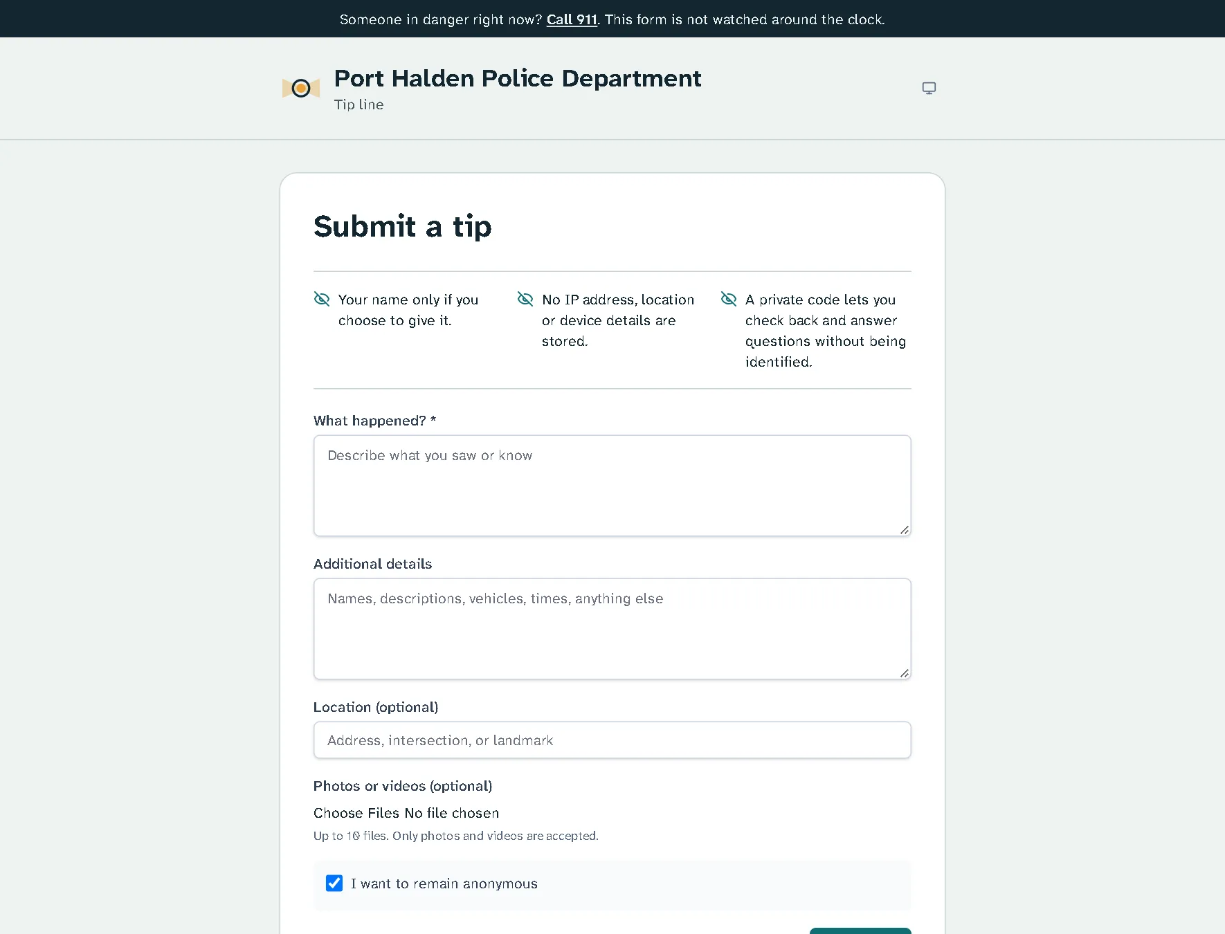 A department's public tip page: a 911 banner, the agency name, and three plain statements about what is not collected, above the tip form.